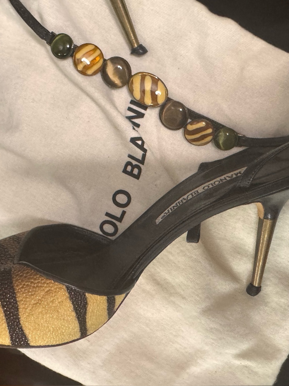 Manolo Blahnik Beaded Animal print ankle Strap Heels